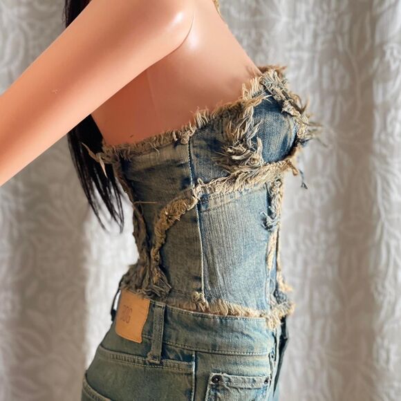 NWT BDG Jeans Urban Outfitters Distressed Dirty Wash Denim Grunge Corset Top - Picture 3 of 6